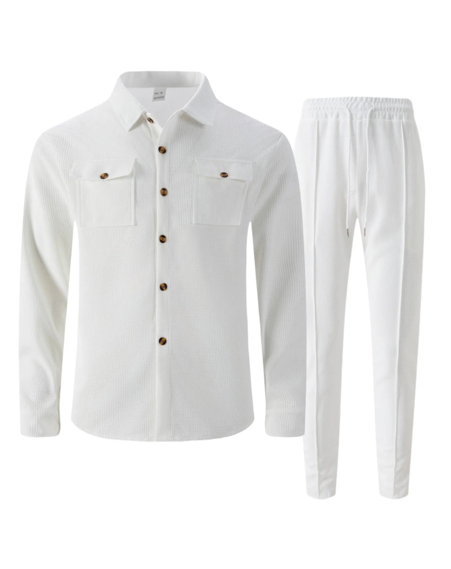 New autumn style waffle long-sleeved solid-color double-pocket buttoned cardigan shirt and pants set