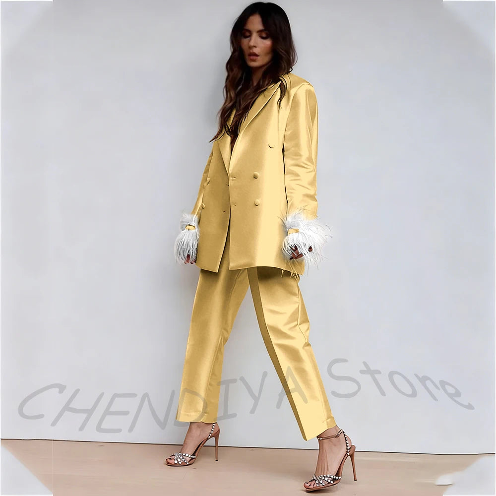 Luxury Feather Women's Suit Classic Design Double Breasted Ankle Length Elegant Outfit Two Pieces Formal Party Female Set