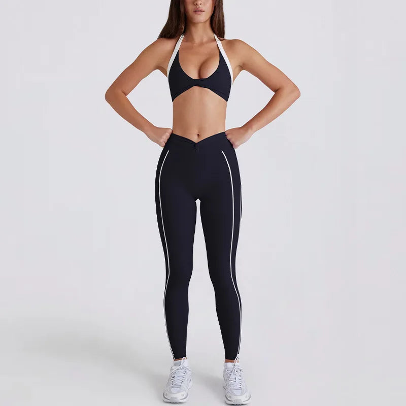 Women Yoga Suit Color Block Twist Yoga Shorts Leggings Tank Top Sports Bra 2Pcs Tracksuit Fitness Running Gym Workout Sportswear