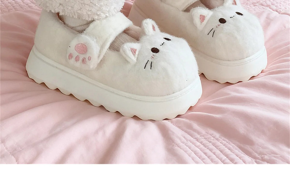 New fuzzy house slippers woman sweet furry cat designer mary janes shoes for women thick sole home slipper floor shoes bedroom