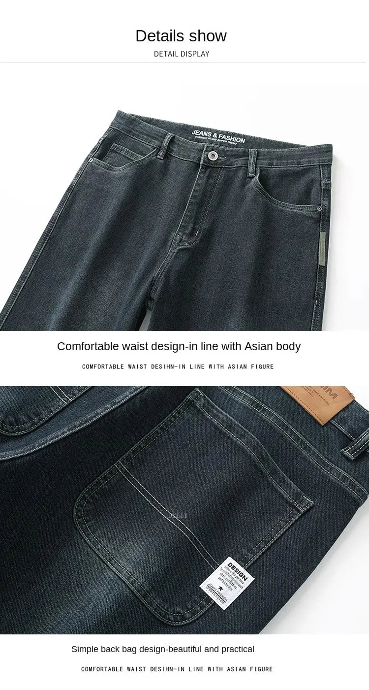 Autumn Winter  Brand New High Waist Jeans Classic Business Casual Office Men's Fashion Stretch Slim Denim Jeans Navy Blue