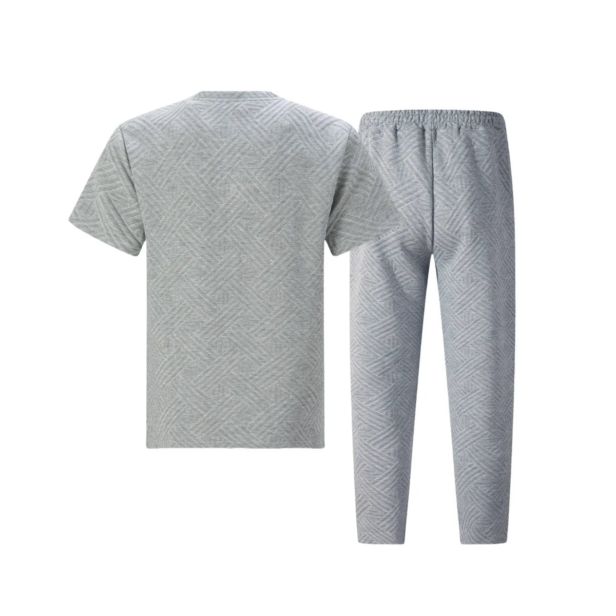 Men's Summer Jacquard Knit Two-Piece Set Casual Crew Neck T-Shirt and Pants Street Retro Solid Color Outfit