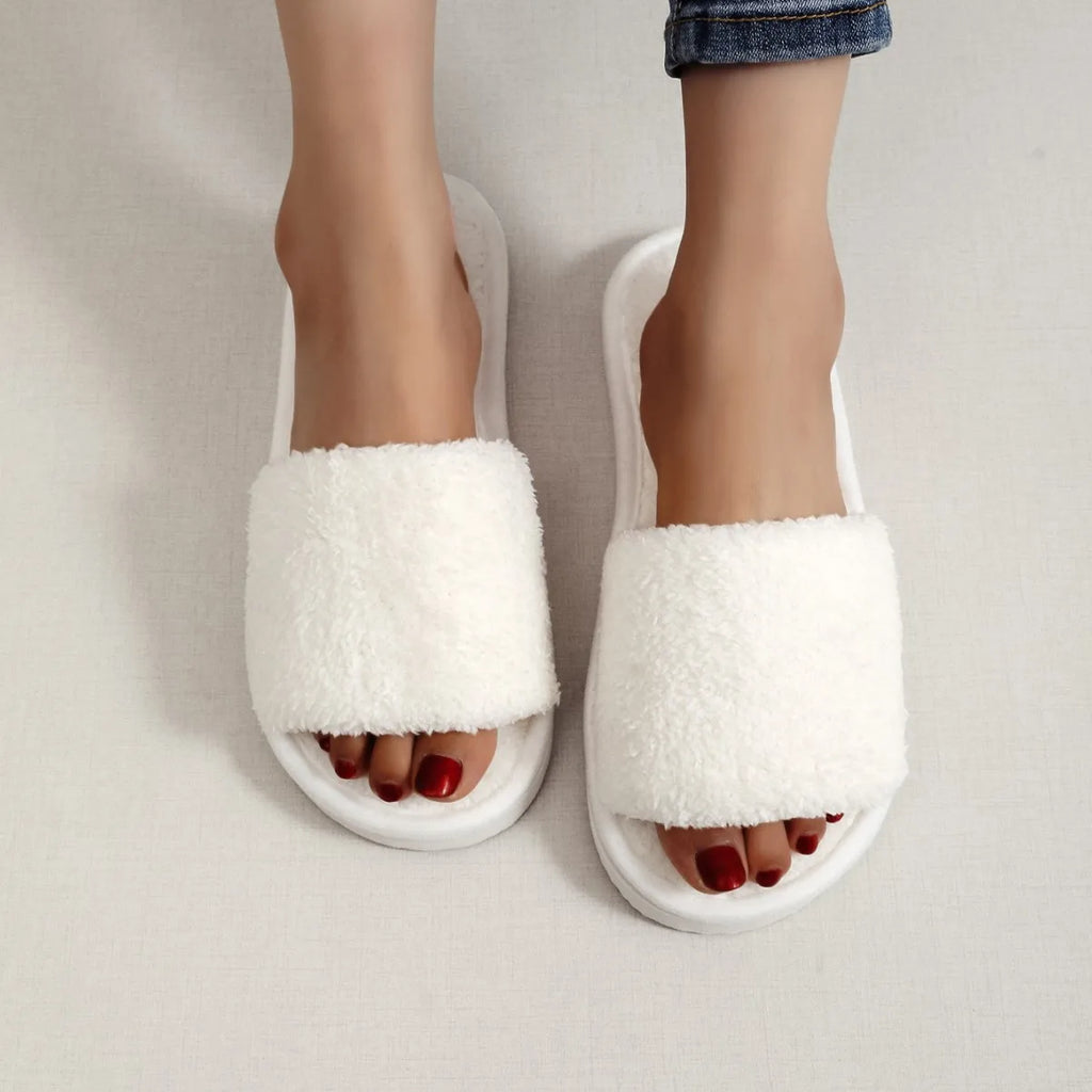 Four Seasons New Women's Home Slippers Opening White Fur Slides Warm Plush Sandals Female Comfortable Lightweight Flat Shoes