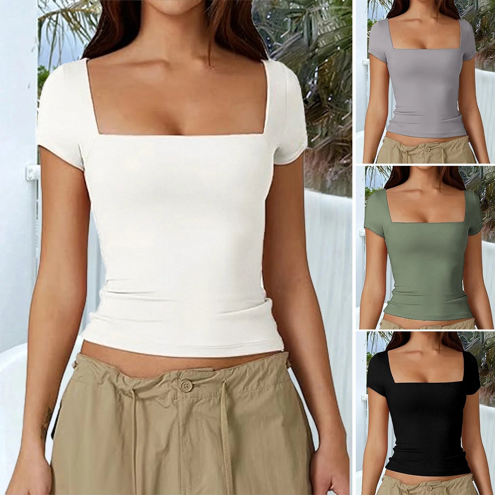 New Arrival Hot Seller 2024 Spring/Summer T-Shirt Women's Casual Square Neck Solid Color Slim-Fit Crop Top Short Sleeve