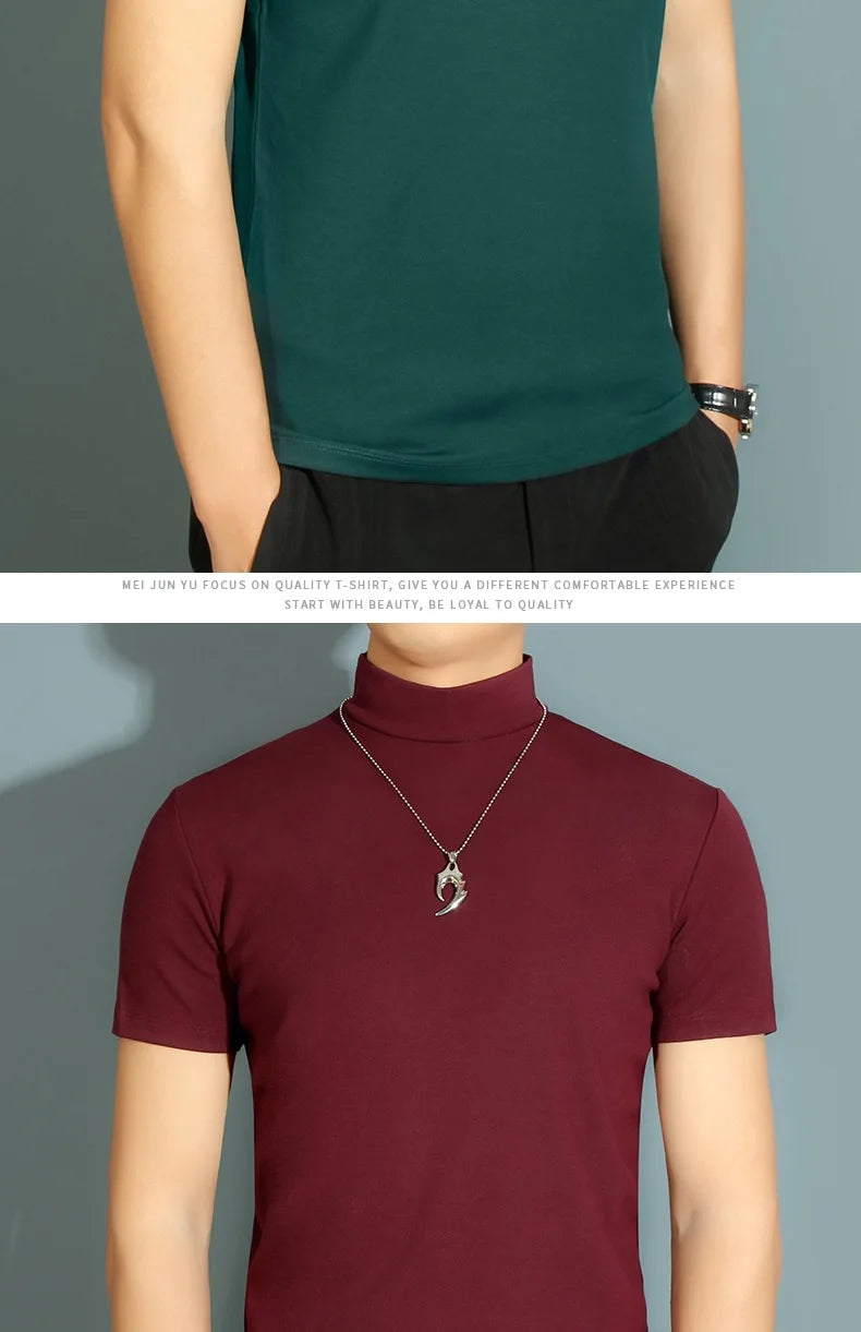 1pcs Thin New Men Half High Collar T shirts Short-sleeve Tee Fitness Joggers Bodybuilding Quick Dry tshirt Male Gym Clothes Tops