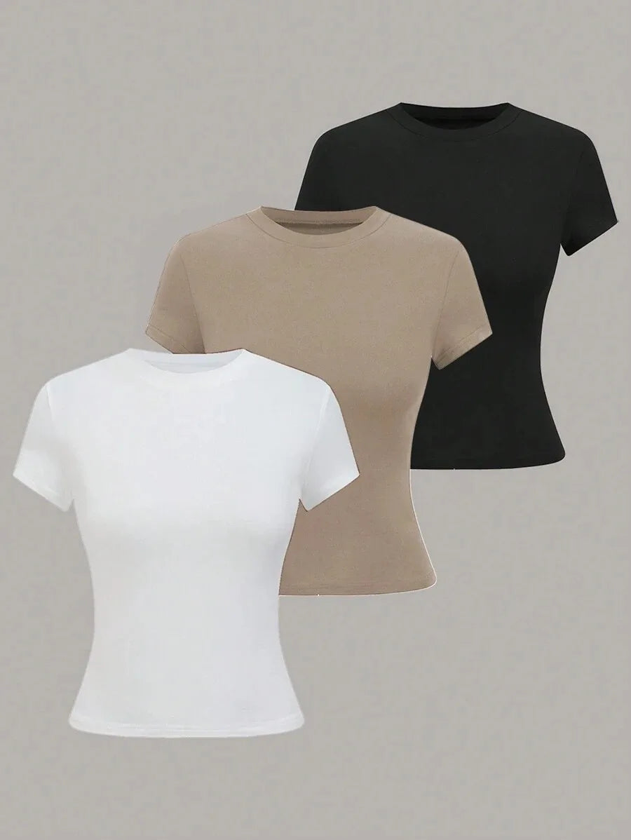 3pcs Sale Women's T-shirts Summer Round Collar Short Sleeve Slim Solid Color Tee Tops YDFS-53001