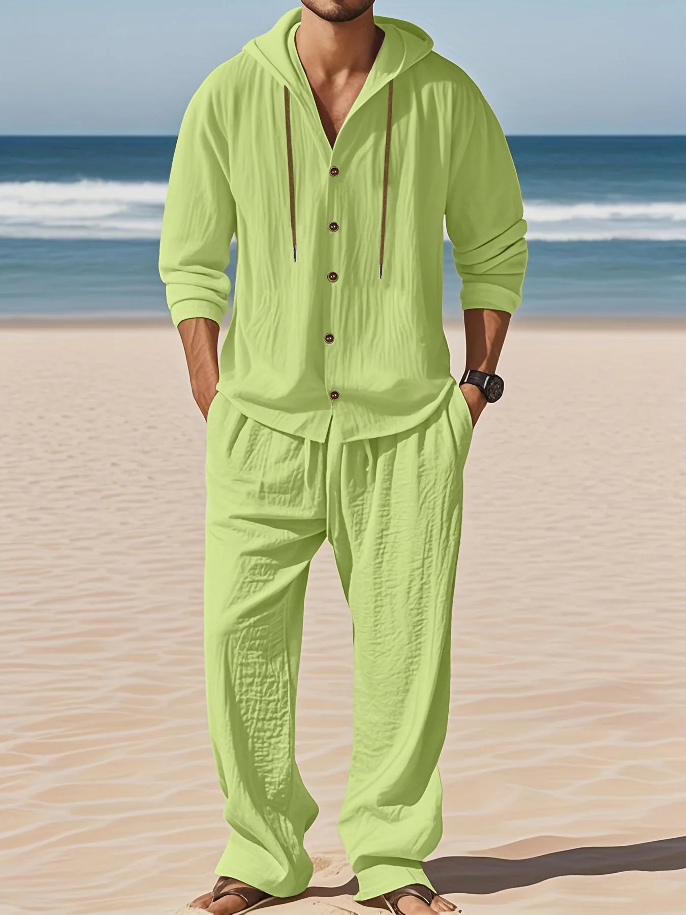 Men's Linen Long-Sleeved Shirt And Pants Set Breathable Outdoor Leisure Hiking Beach Sports Clothing for Spring Summer Autumn
