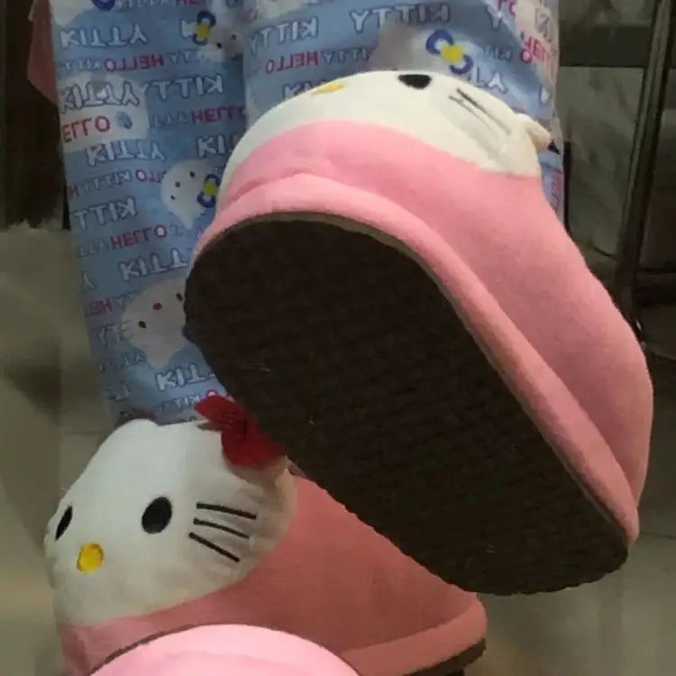Y2K Hello Kitty Women Plush Cotton Shoes Big Head Slippers Sanrio Kawaii Anime Flat Shoes Winter Warm Thickened Cute Student