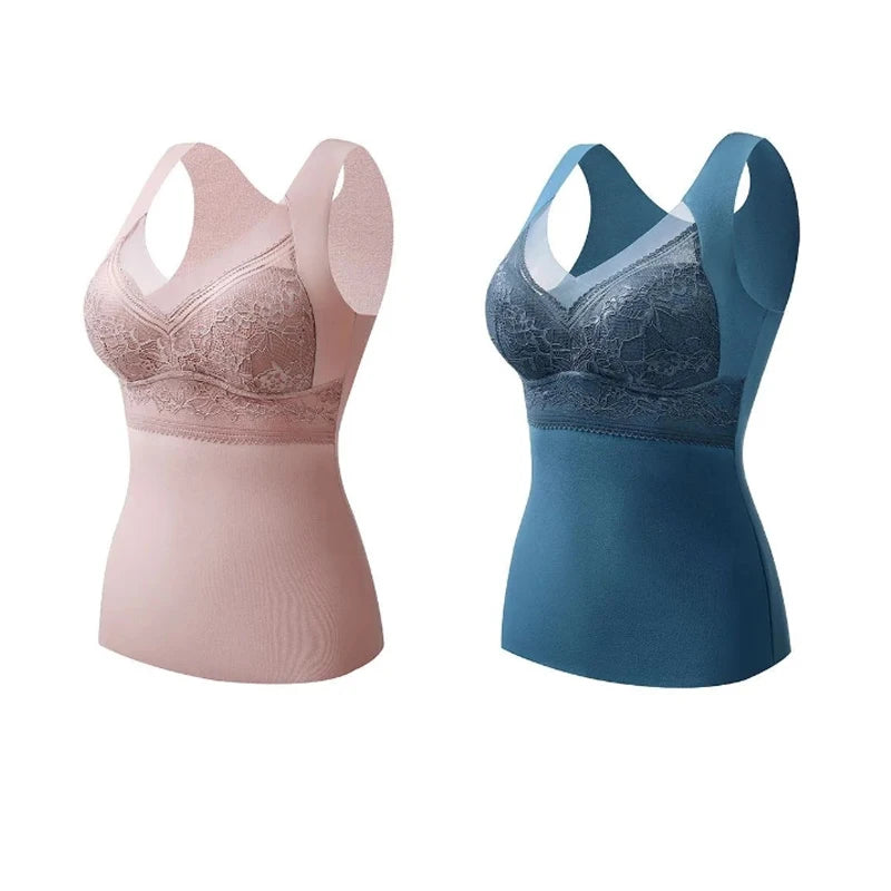 2pcs Woman Thermal Underwear Thermo Lingerie Winter Soft Warm Top Wear Thermo Vest  Undershirt Intimate Lace with Bra Padded