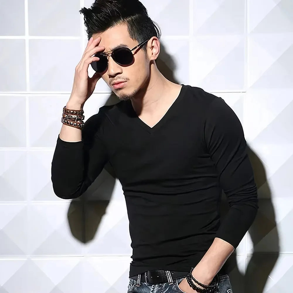 Men's Long Sleeve V Neck T Shirt 2026 MRMT Men T-shirt Slim Solid Tight Man T Shirt Tops Tees Clothing