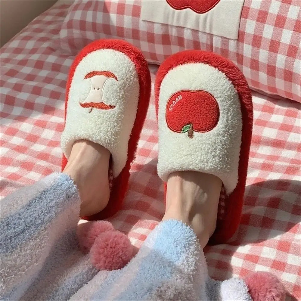Fashion Grid Stripe Cute Plush Slippers Non-Slip Thick Sole Winter Slides Women Silent Casual Home Wear Shoes Women