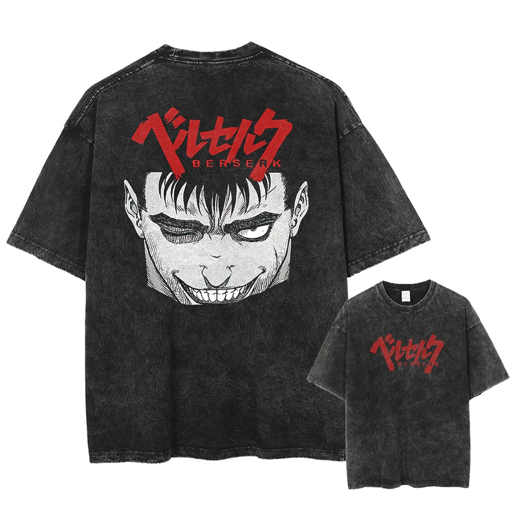 Anime Berserk Guts Printed Washed T-shirt Men Manga Street Tshirts Washed Cotton Harajuku Male Vintage Gothic Tops T Shirt