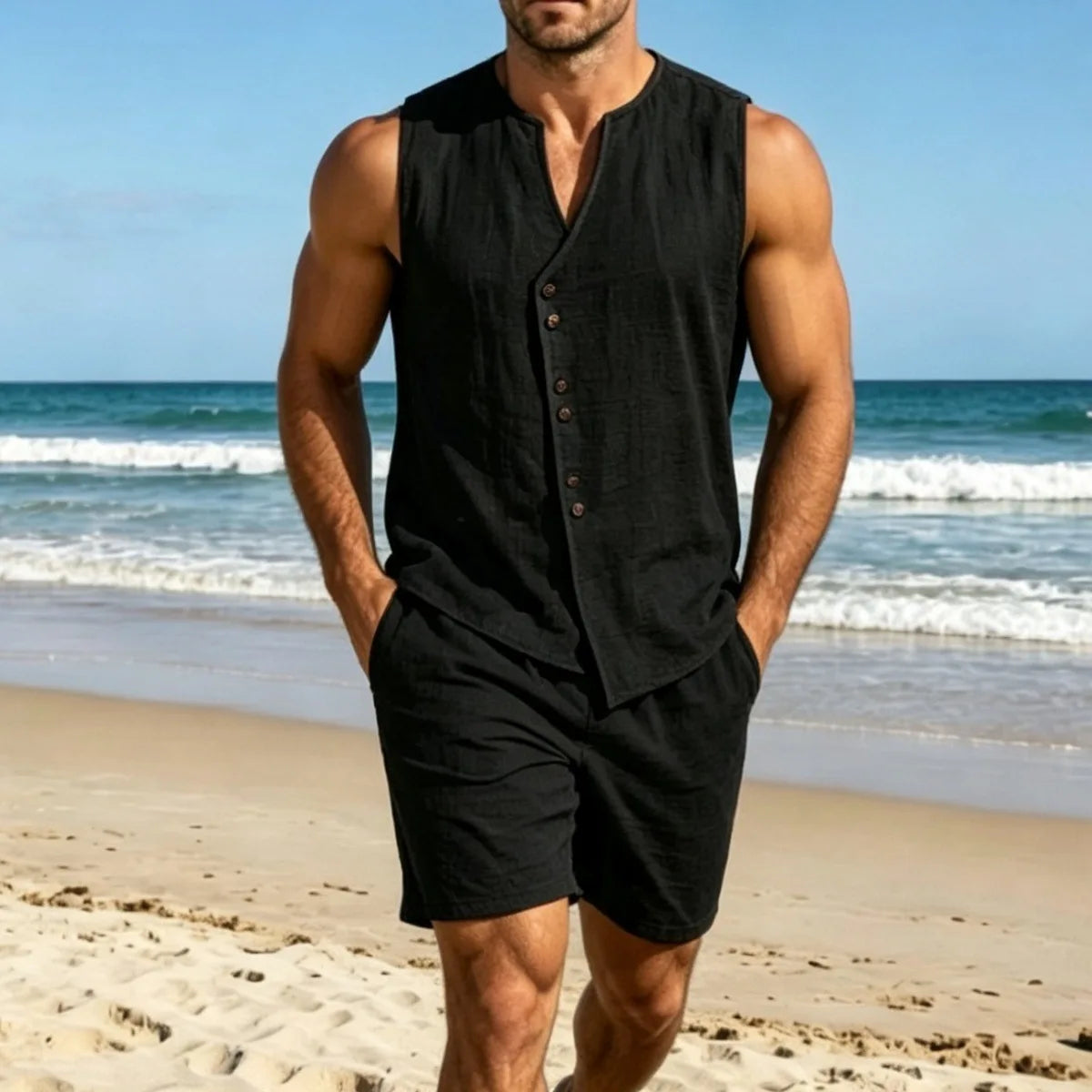 Summer Men's Solid Color Simple Fashionable Open-Back Sweater Set for Casual Wear - Sleeveless Linen Blouse, Shorts, Beach Set