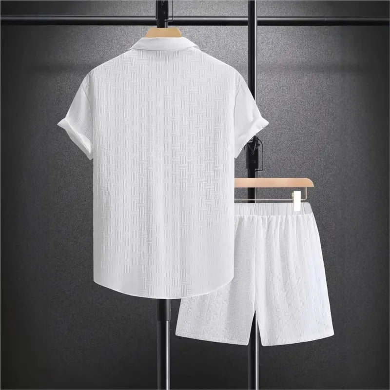 Summer Solid color Cotton linen Men's Shirt Set Fashion lapel Jacquard Short-sleeved Shirt Shorts 2 Piece Set Men's Shorts Suit