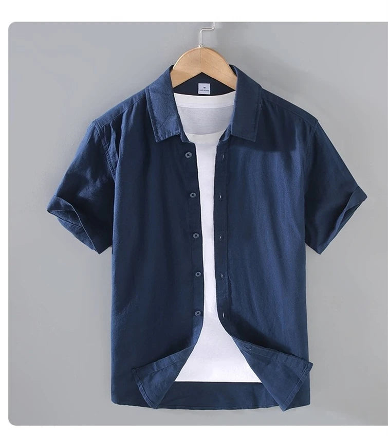 Men's Cotton Linen Short-Sleeved Shirt Summer Streetwear Plain Color Stand Collar Casual Beach Style plus Size M-3XL