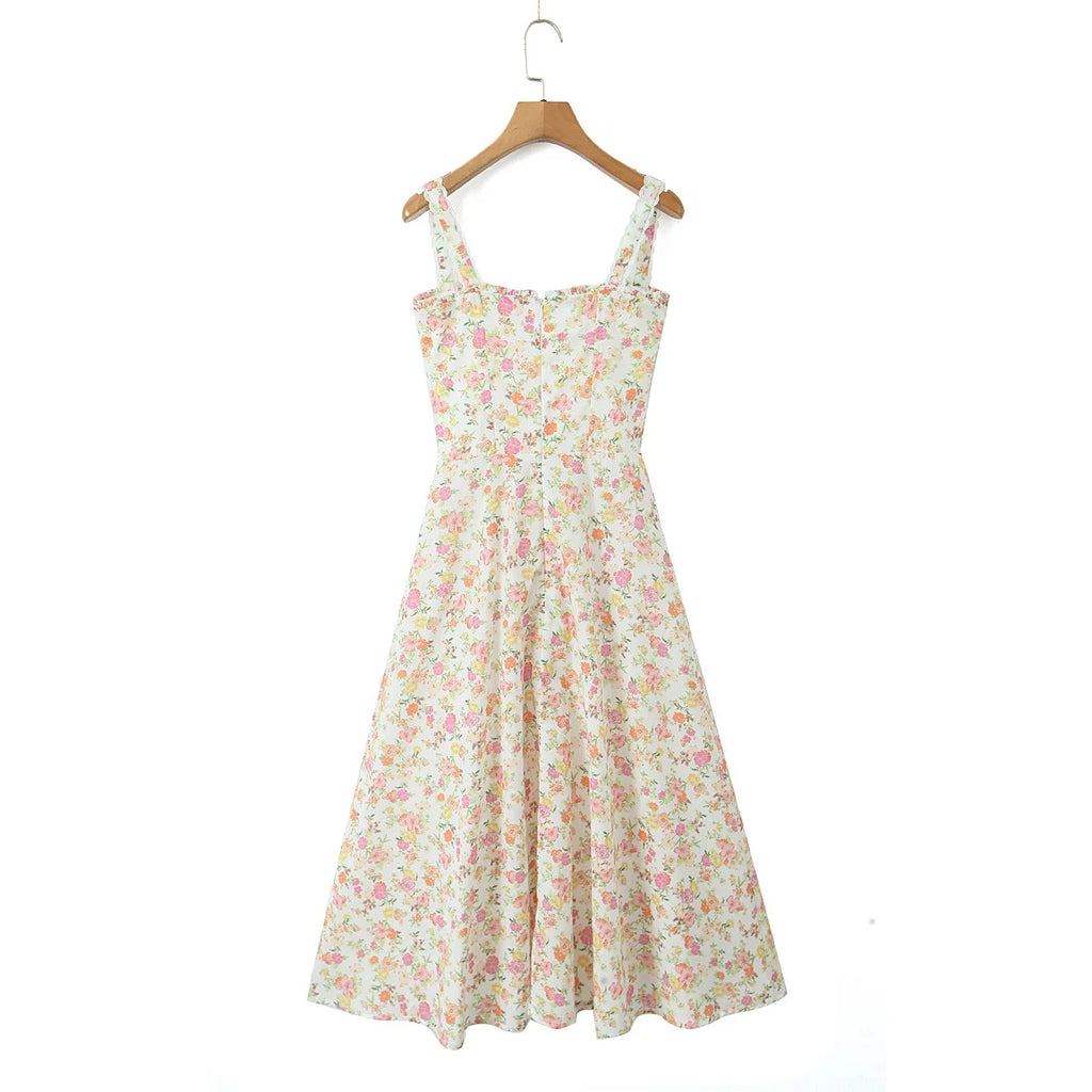 YENKYE Sexy Elegant Women Lace Patchwork Floral Print Sling Midi Dresses Holiday Summer Lady Party Vestidos Cotton Robe