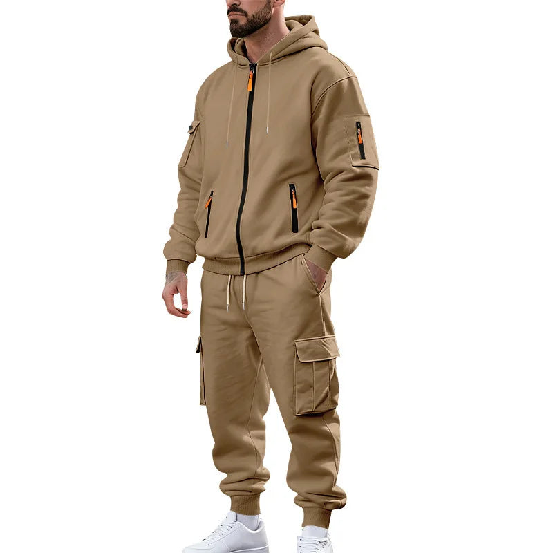 Men's Full Zip Hooded Tracksuit 2 Piece Set Casual Cargo Pocket Jogger Suit Outdoor Sports Hoodie And Pants Set