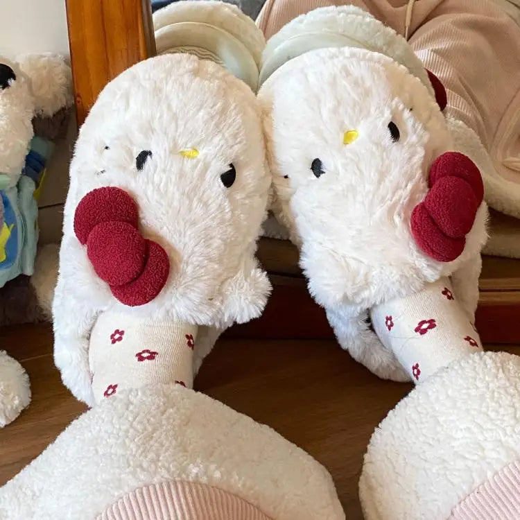 New Cartoon Hello Kitty Plush Slippers Sanrio Cute Female Anime Autumn Winter Home Plus Velvet Warm Thick Sole Baotou Slippers