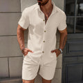 2026 Spring Summer Men Hot Sale Waffle Knit Solid Color Jacquard Lapel Cardigan Short Sleeve Shirt Shorts Casual 2 Piece Set