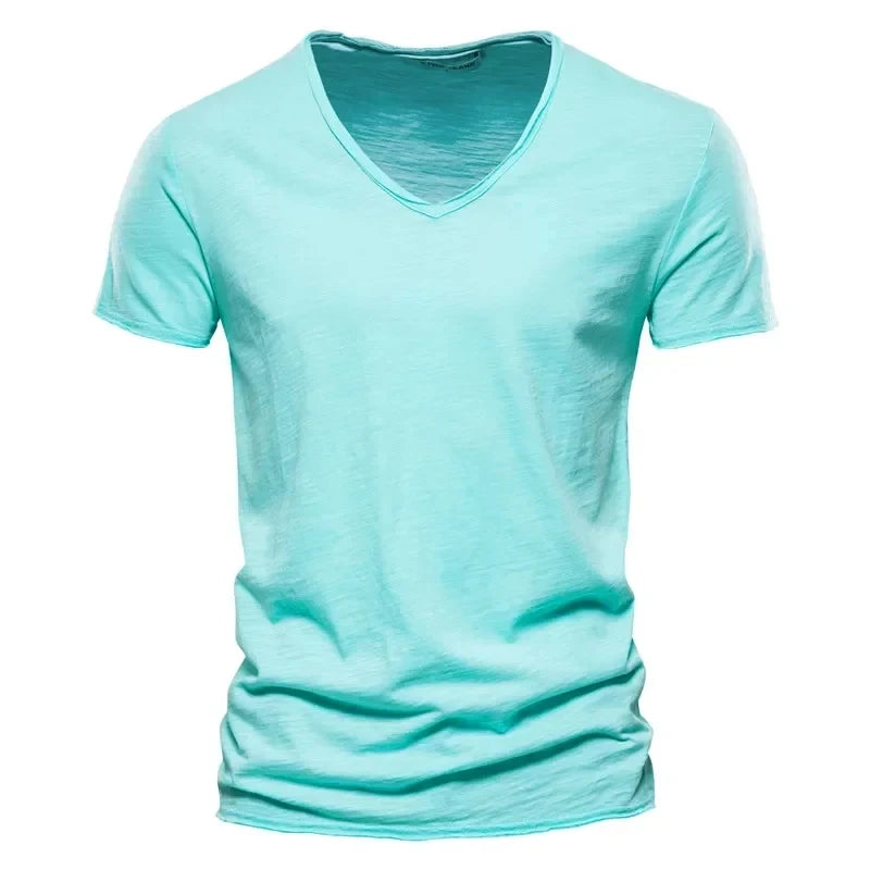 Plain Cotton Gym T-shirt Men Summer Fitness Clothing V-Neck Short Sleeve T shirt Slim Fit Tshirt Bodybuilding Workout Tees Tops