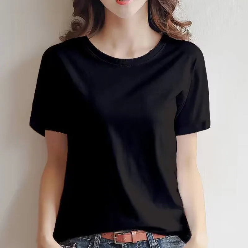 Summer Casual 100% Cotton Regular-Fit Women Crew Neck Basic White T-Shirts