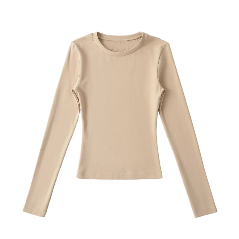 LUNDUNSHIJIA O-neck Long Sleeve T-shirts For Women 2025 New Spring Ladies Solid Cotton Slim Tee Shirts 10 Colors