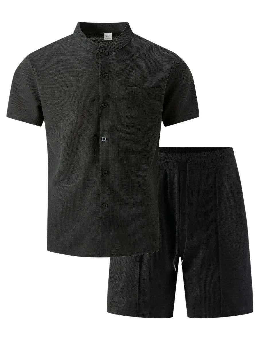 Men's 2 Piece Outfit, Stand Collar Short Sleeve Shirt with Chest Pocket and Drawstring Shorts, Casual Co Ord Set