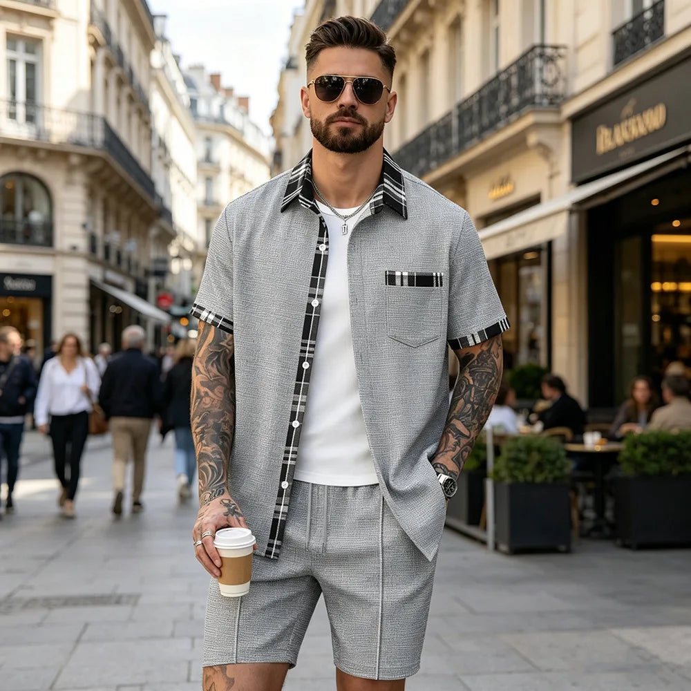 Summer New Waffle Set, Men's Plaid Spliced Short-Sleeve Shirt & Shorts, Casual Two-Piece Outfit F156D
