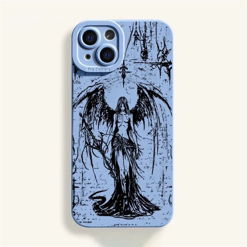 Super Cool Luxury Black Angel Death demon Phone Case For iPhone 16 15 14 13 12 11 Pro Max XS MAX XR 7 8 PLUS Y2K Silicone Cover