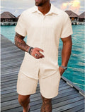 Summer Solid color Cotton linen Men's Shirt Set Fashion lapel Jacquard Short-sleeved Shirt Shorts 2 Piece Set Men's Shorts Suit