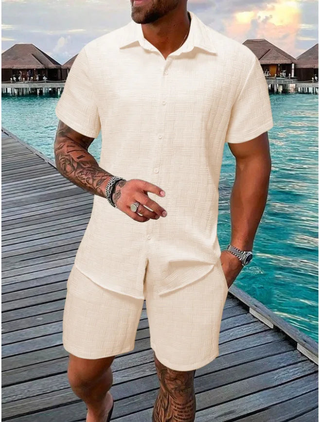 Summer Solid color Cotton linen Men's Shirt Set Fashion lapel Jacquard Short-sleeved Shirt Shorts 2 Piece Set Men's Shorts Suit