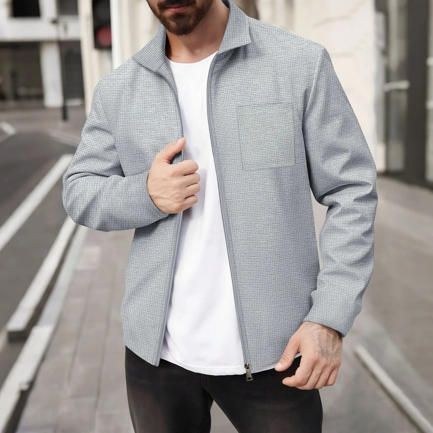 2026 Spring Autumn Men's Waffle Knitted Pocket Lapel Slim Fit Cardigan Jacket Youth Casual Streetwear Lightweight Outerwear