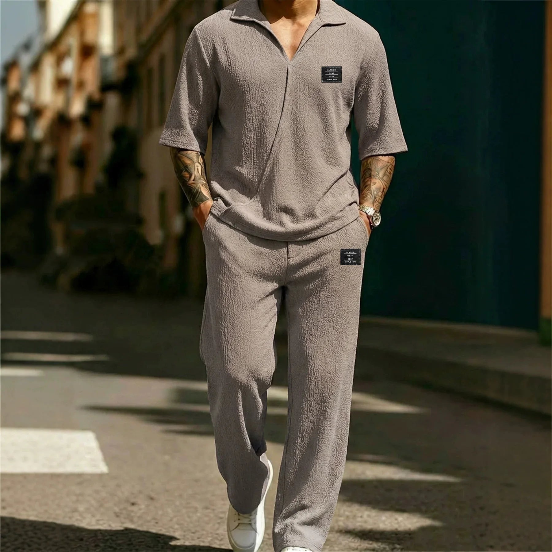 2026 New Style Men's Fashion Casual Shirt Set - High-Quality Solid Color V-Neck Short Sleeve Pants Two-Piece Set