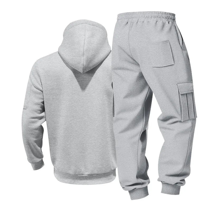 Men's Full Zip Hooded Tracksuit 2 Piece Set Casual Cargo Pocket Jogger Suit Outdoor Sports Hoodie And Pants Set
