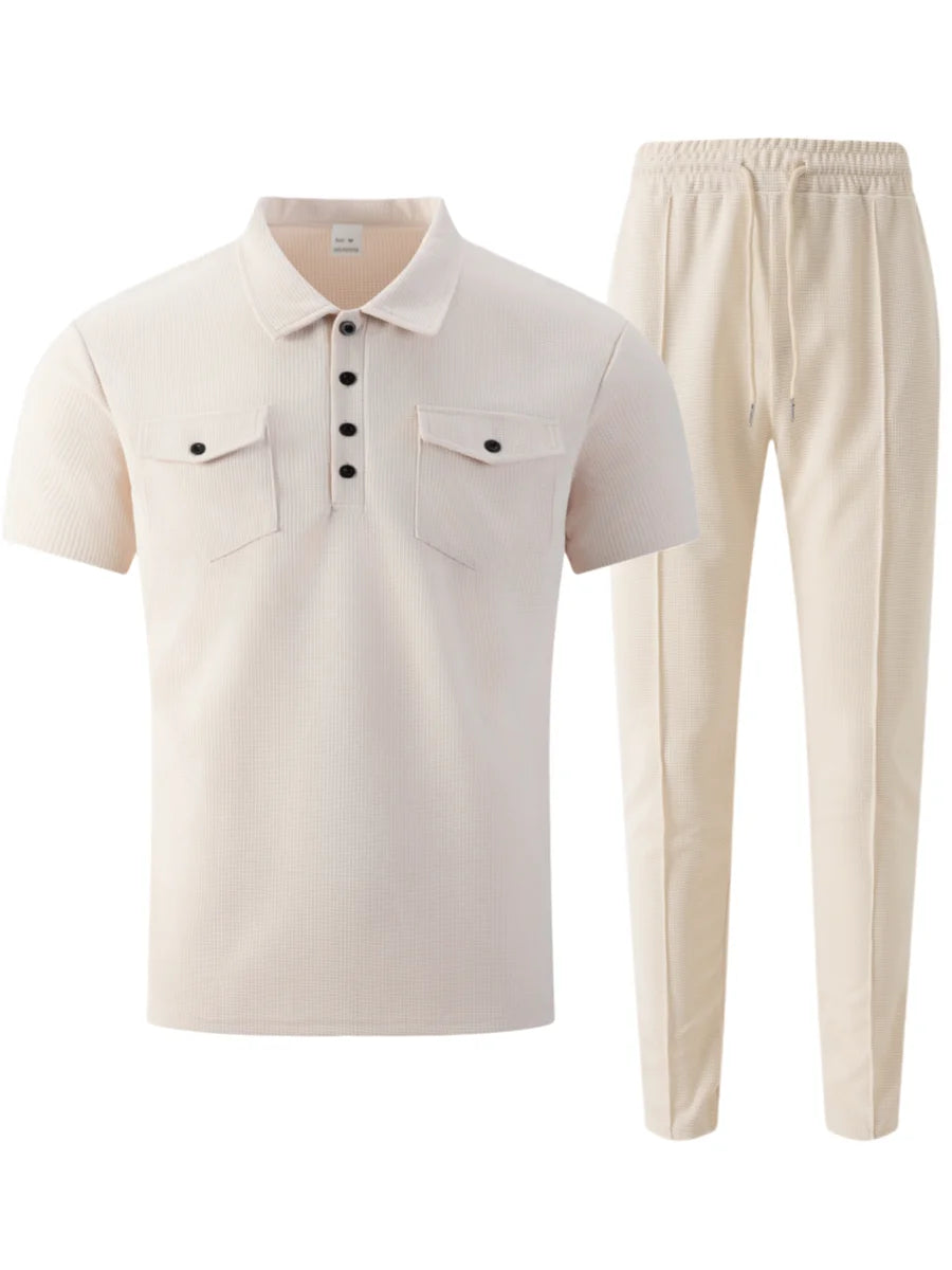 Summer New Men's Waffle Casual Tracksuit, Lapel Collar Double Pocket Solid Polo Shirt and Long Pants Set
