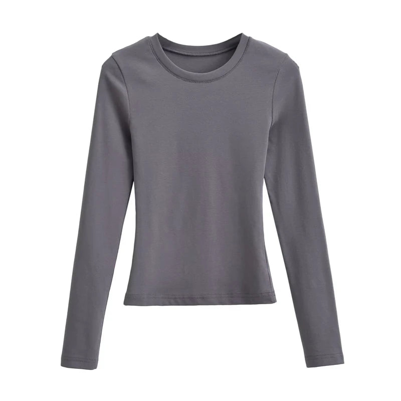LUNDUNSHIJIA O-neck Long Sleeve T-shirts For Women 2025 New Spring Ladies Solid Cotton Slim Tee Shirts 10 Colors