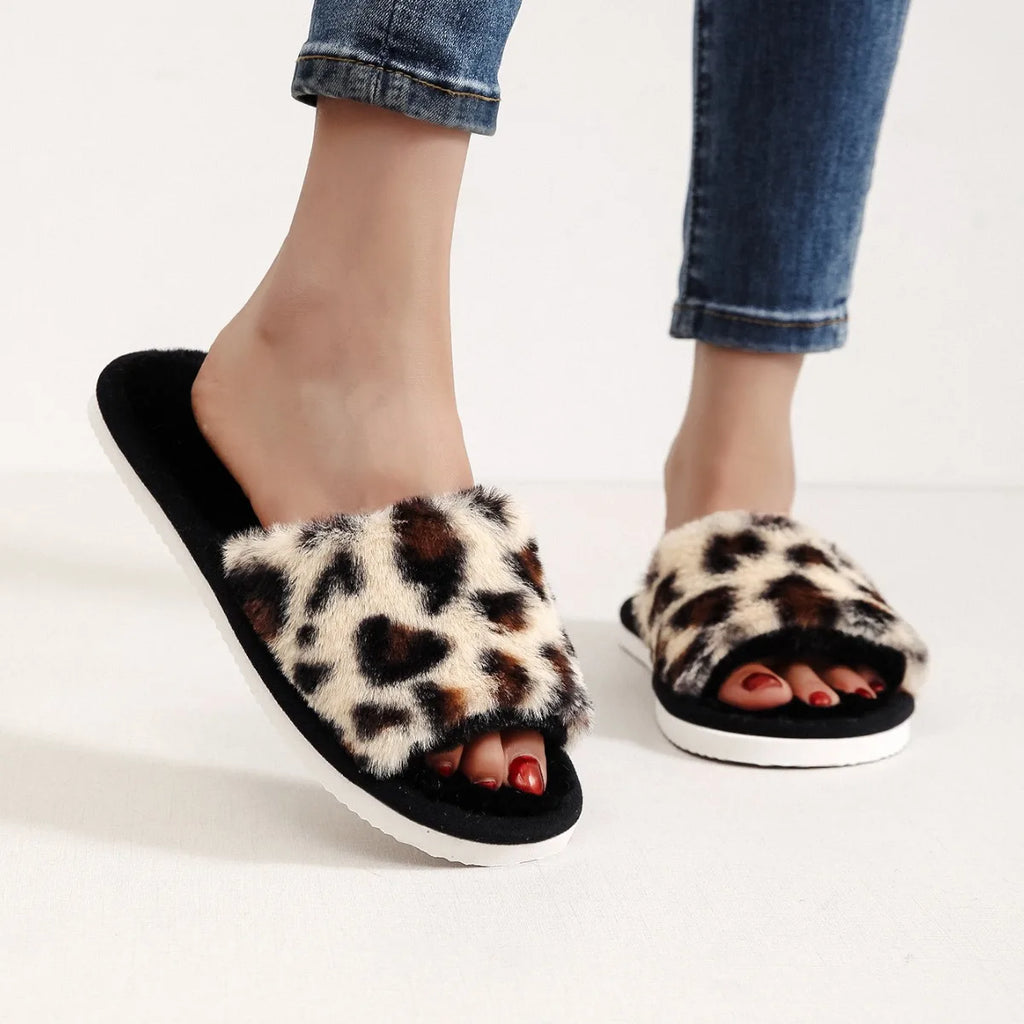 Four Seasons New Women's Home Slippers Opening White Fur Slides Warm Plush Sandals Female Comfortable Lightweight Flat Shoes