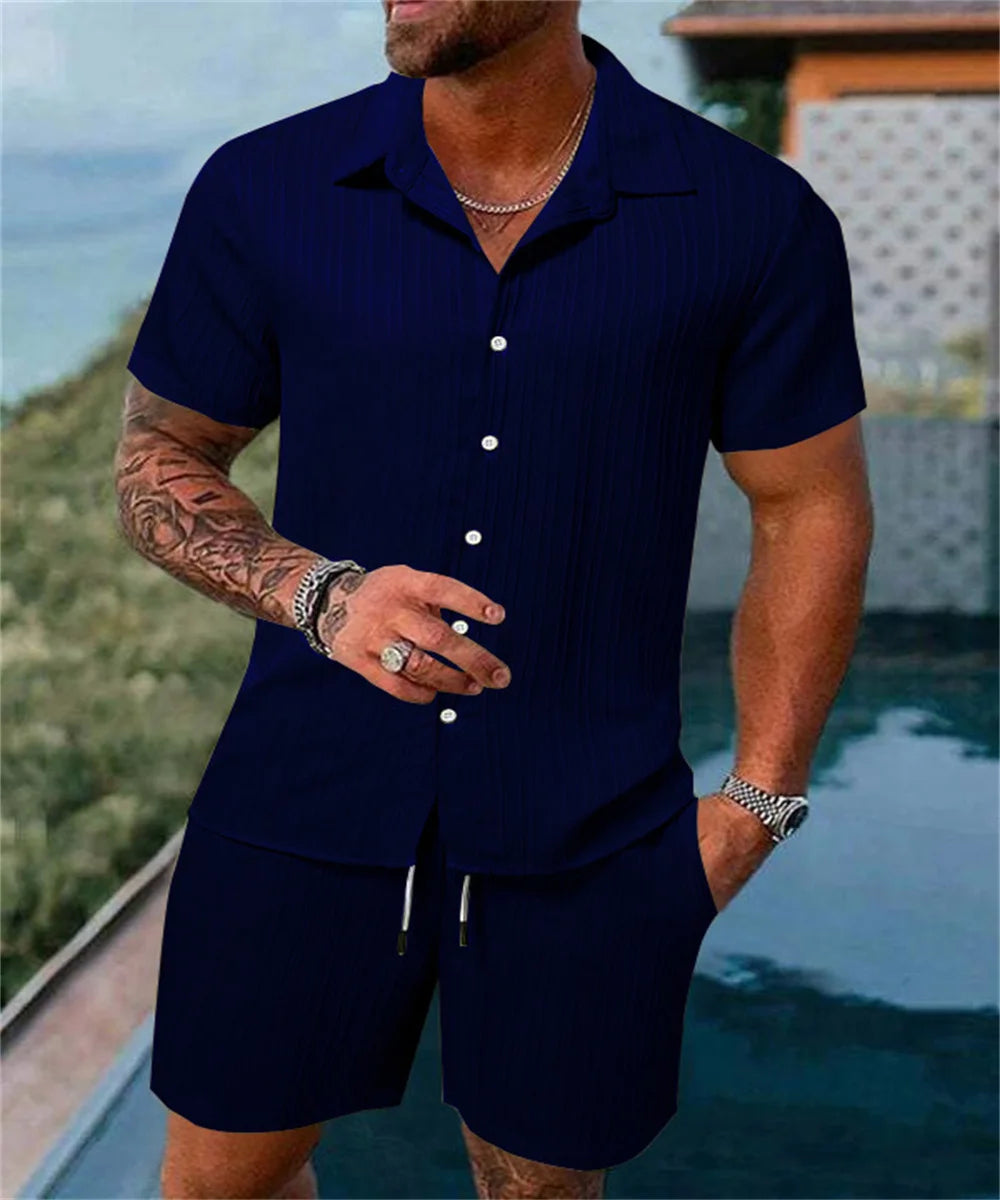 2024 New style Summer Men's Fashion Beach Suit Outdoor Sports Casual Shirt Solid color Loose Short Sleeve Shorts Beach two-piece