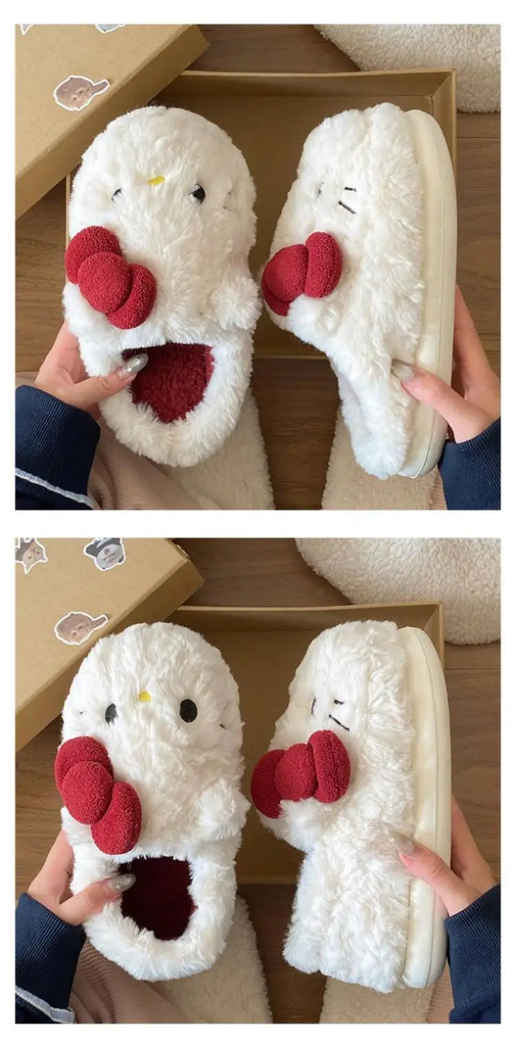 New Cartoon Hello Kitty Plush Slippers Sanrio Cute Female Anime Autumn Winter Home Plus Velvet Warm Thick Sole Baotou Slippers