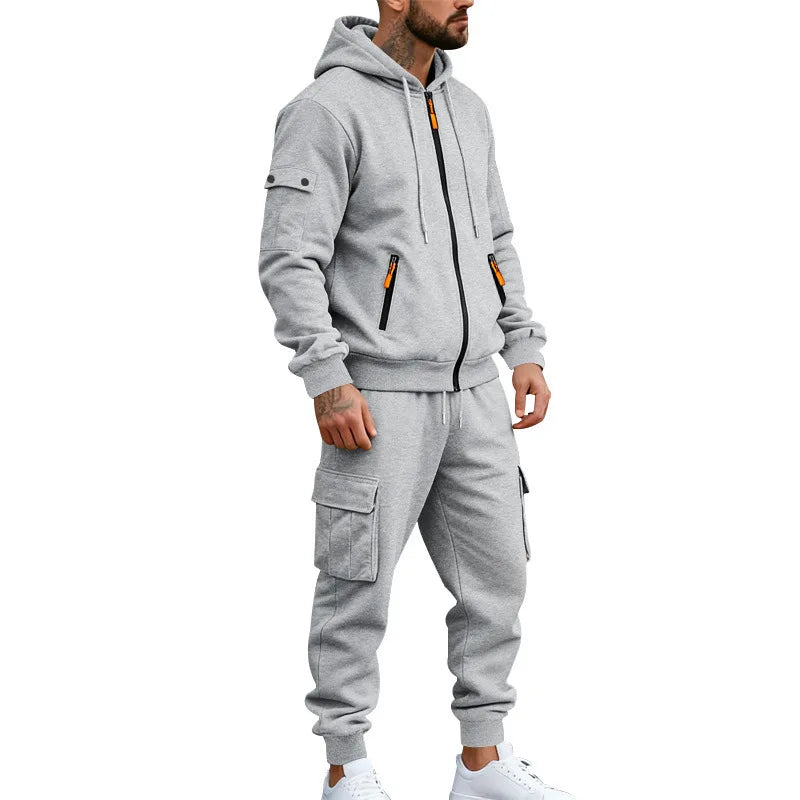 Men's Full Zip Hooded Tracksuit 2 Piece Set Casual Cargo Pocket Jogger Suit Outdoor Sports Hoodie And Pants Set