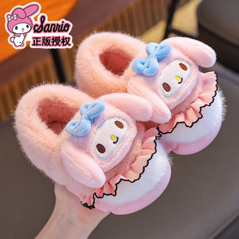 Sanrio Kawaii Girls Plush Slippers Cute Kuromi Hello Kitty My Melody Cartoon Student Winter Home Indoor Anti-Slip Warm Shoes