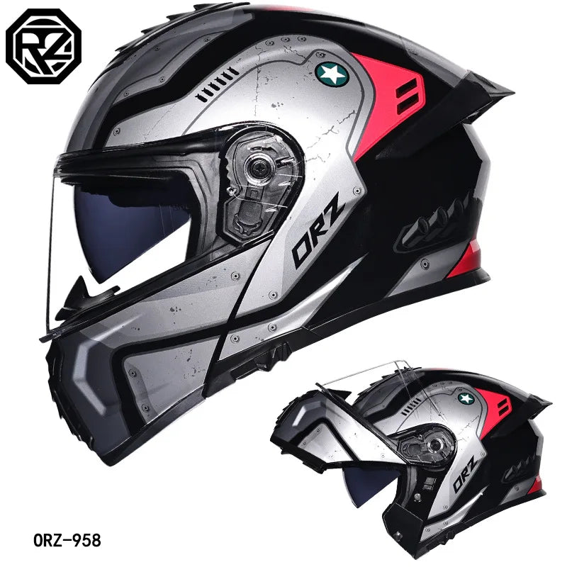 Orz-958 Motorcycle Helmet, Men's and Women's Open Face Helmet, Summer Dual Mirror Large Tail, Semi Fully Covered All Season