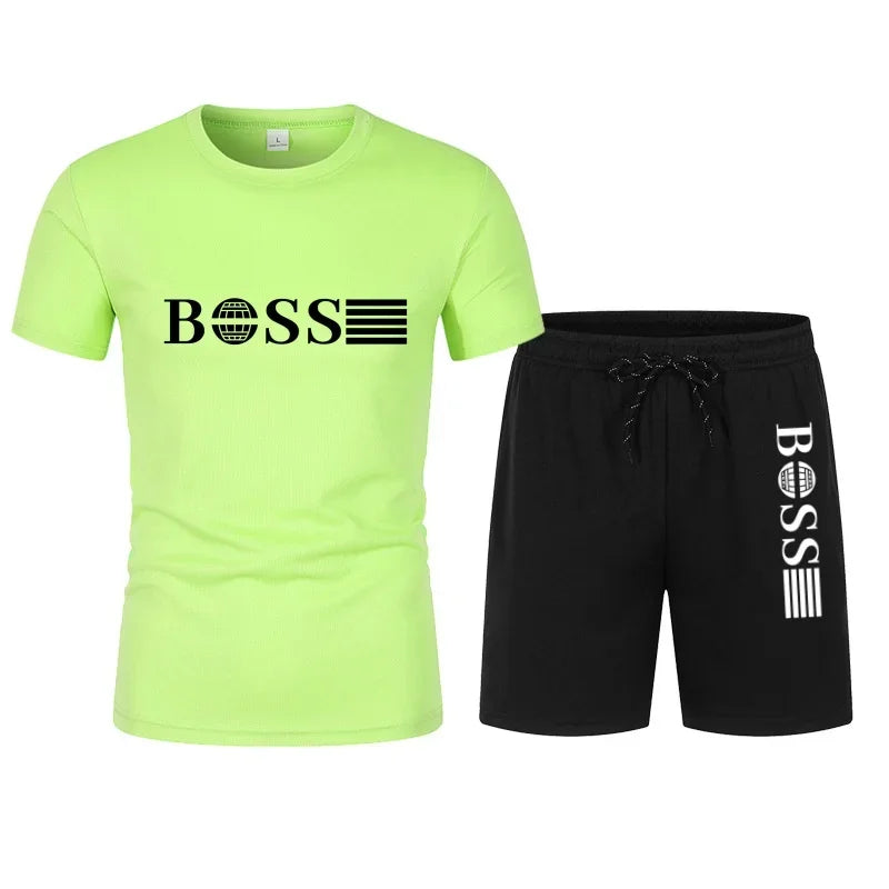 Spring and Summer New Two-piece Men's Running T-shirt and Short Casual Elastic Round Neck Sports Suit Comfortable Quick Drying