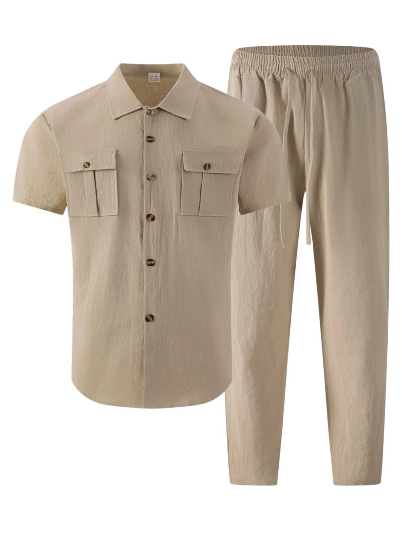 Men's Cotton Linen Short Sleeve Shirt & Pants Set Turn-Down Collar Double Pocket Casual Streetwear