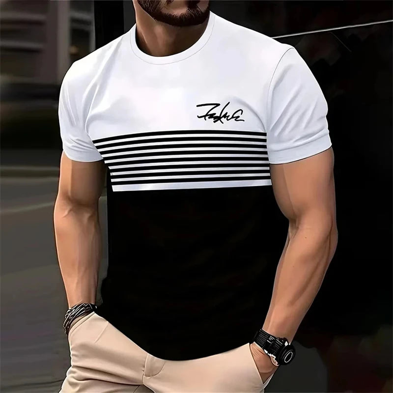Business Casual Men's Striped T-shirt Simple Word Print Round Neck White T Shirts Summer Streetwear Breathable Loose Top Men