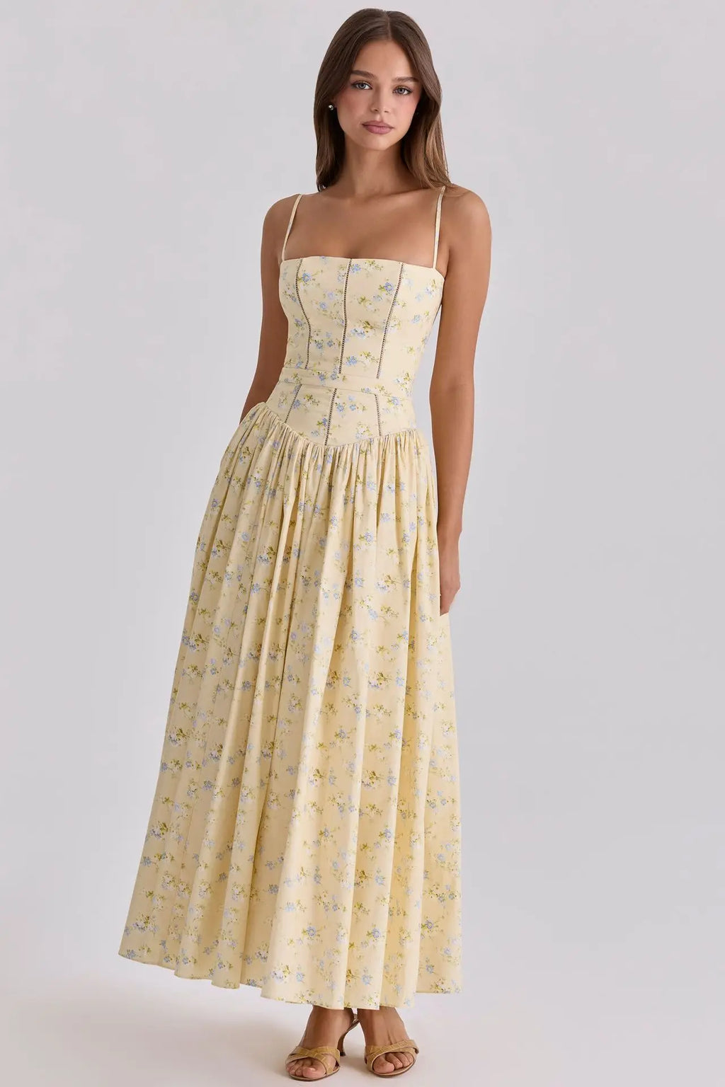 Oligai Summer Floral Print Spaghetti Strap Midi Dress Women Party Dress Elegant Vintage Holiday Beach Wear Dress