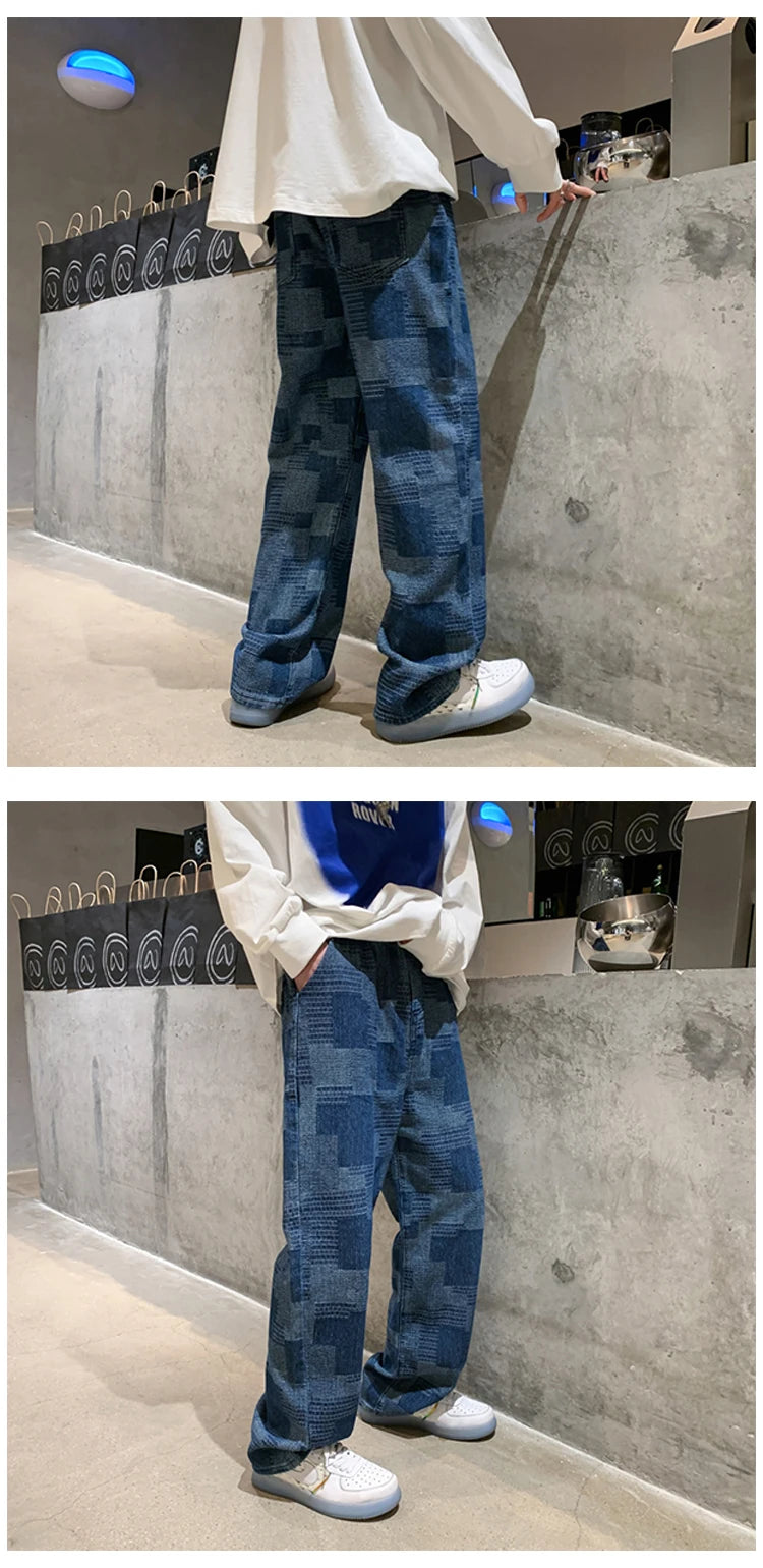 Blue Black Plaid Jeans Men Retro Casual Wide-leg Jeans Mens Streetwear Loose Hip-hop Straight Denim Trousers Men Vintage Jeans