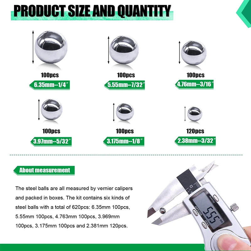 620PCS 6 Size Bicycle Bearing Balls Precision Steel Balls carbon steel Assorted Loose Kit 1/4 7/32 3/16 5/32 1/8 3/32