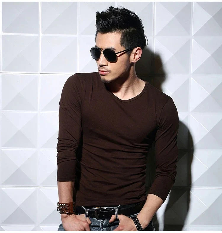 Men's Long Sleeve V Neck T Shirt 2026 MRMT Men T-shirt Slim Solid Tight Man T Shirt Tops Tees Clothing