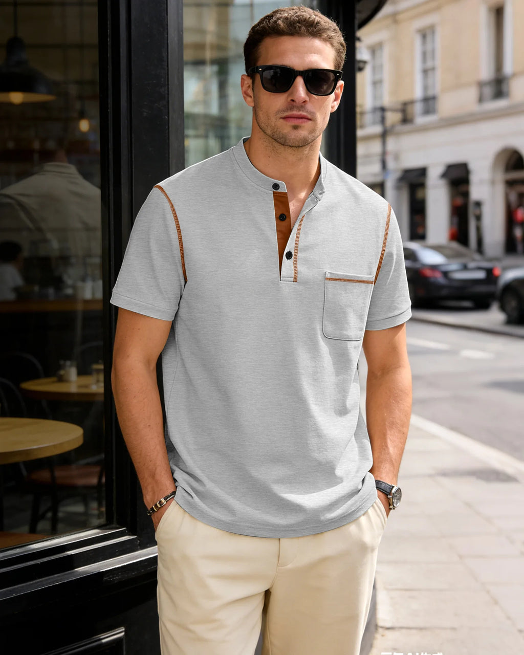 Summer men's fashionable Henry collar half-button short-sleeved moisture-wicking breathable casual American stretch T-shirt top